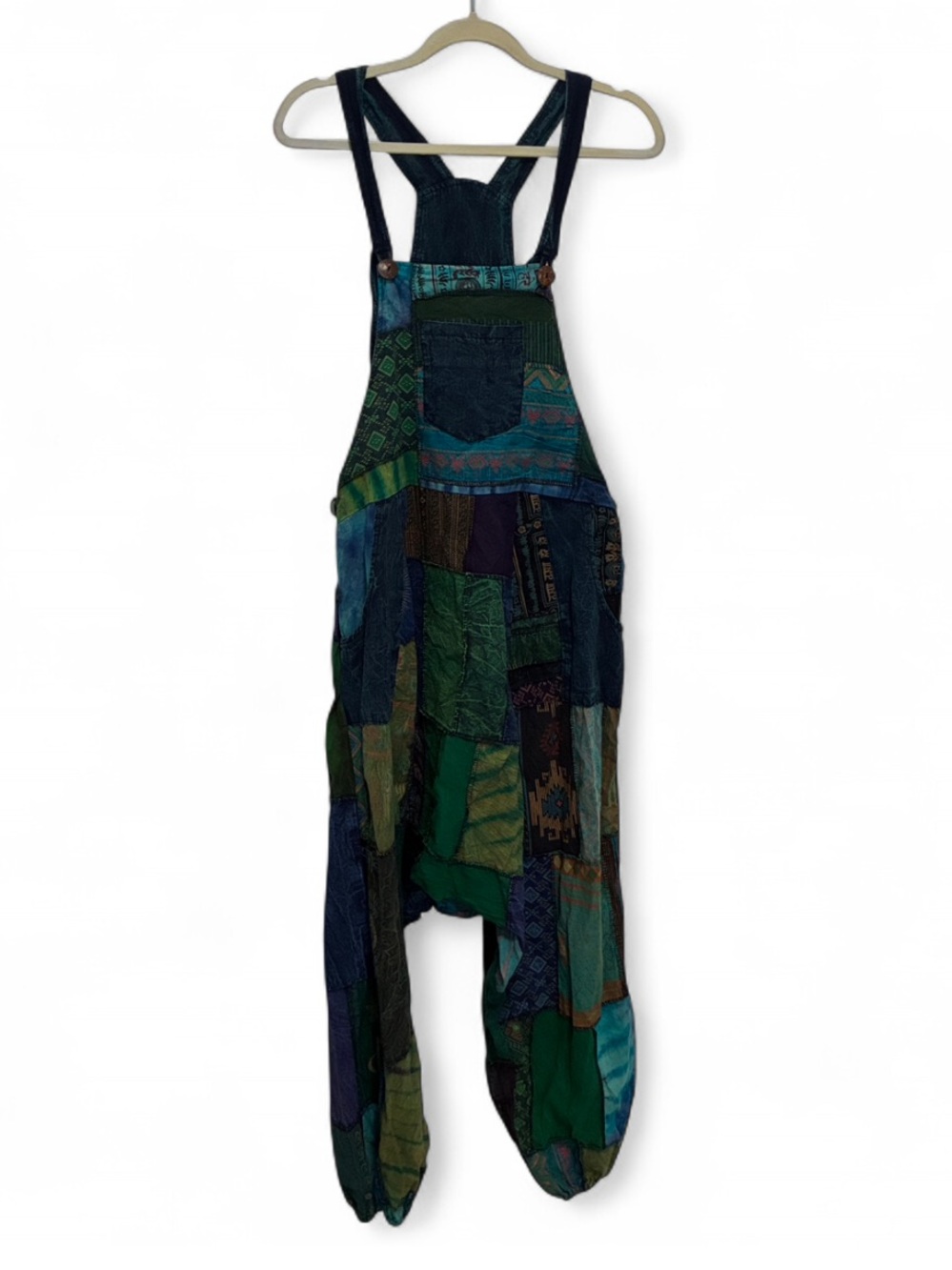 Boho Blue Green Patchwork Harem Relaxed Overalls
